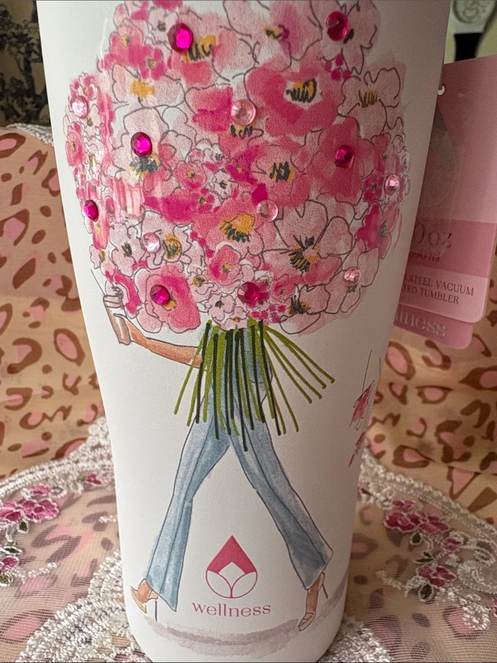 Pink Floral Bouquet Travel Tumbler with Straw